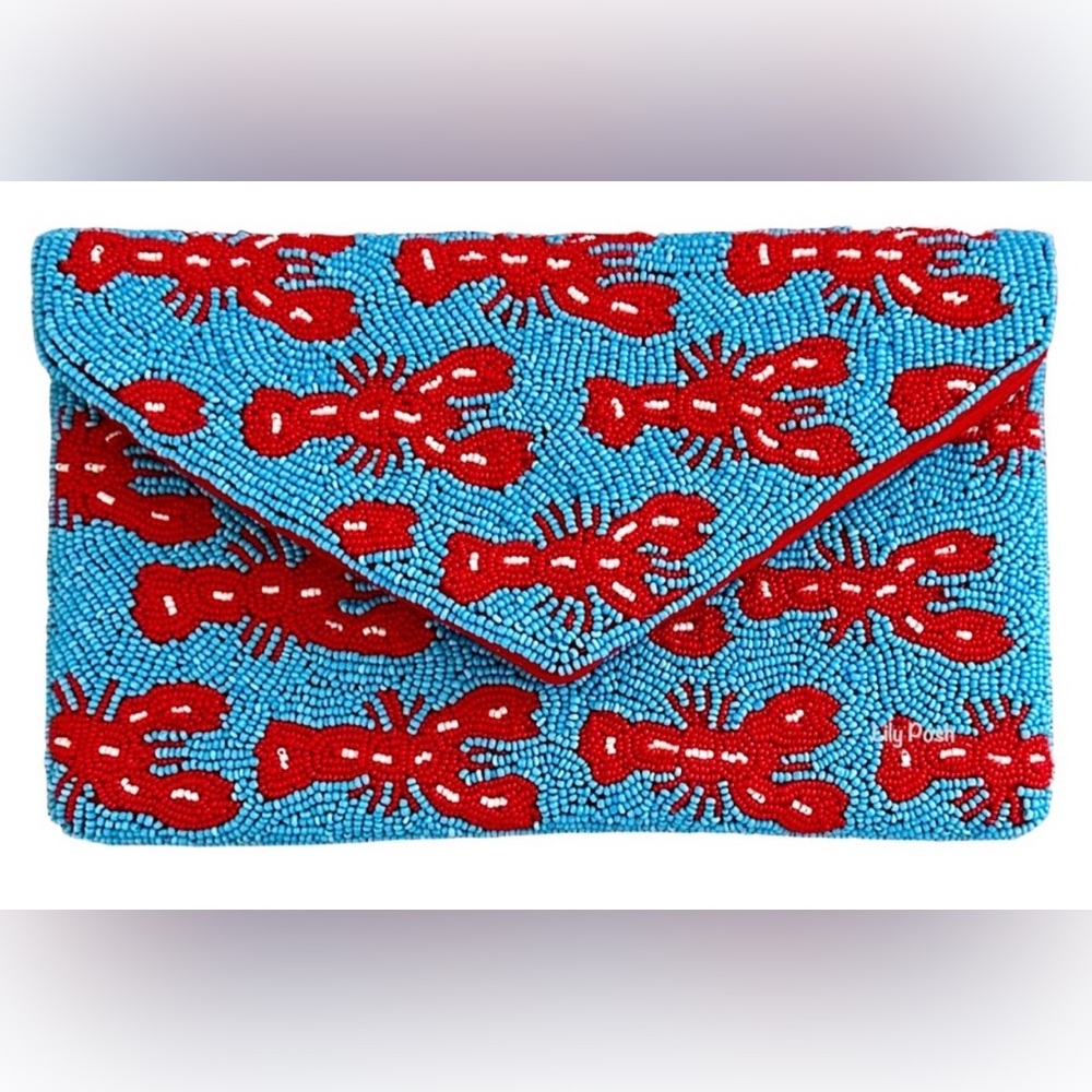 Beaded Lobster Envelope Clutch - Red & Turquoise